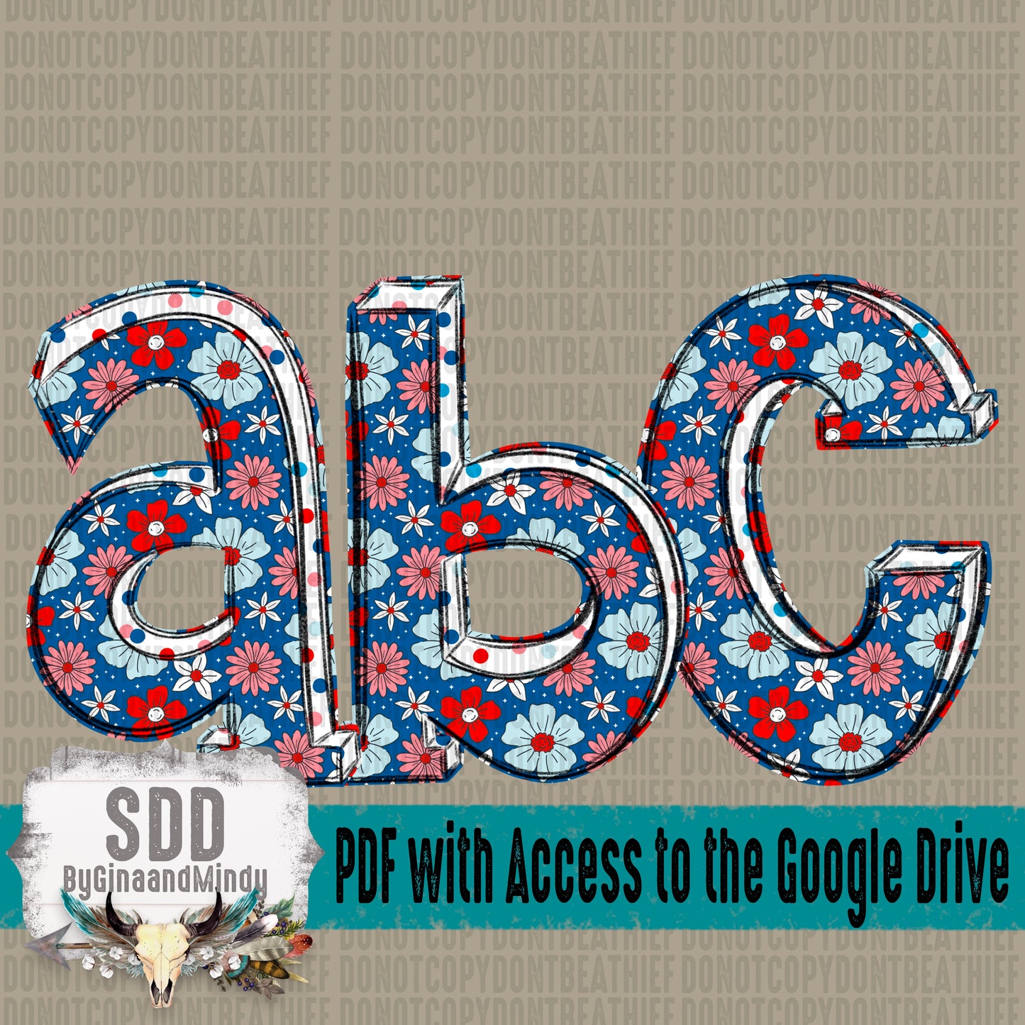 Floral Dotties 4th of July Doodle Alpha Set (1 Set Uppercase & Lowercase, 0-9, + Special Characters)