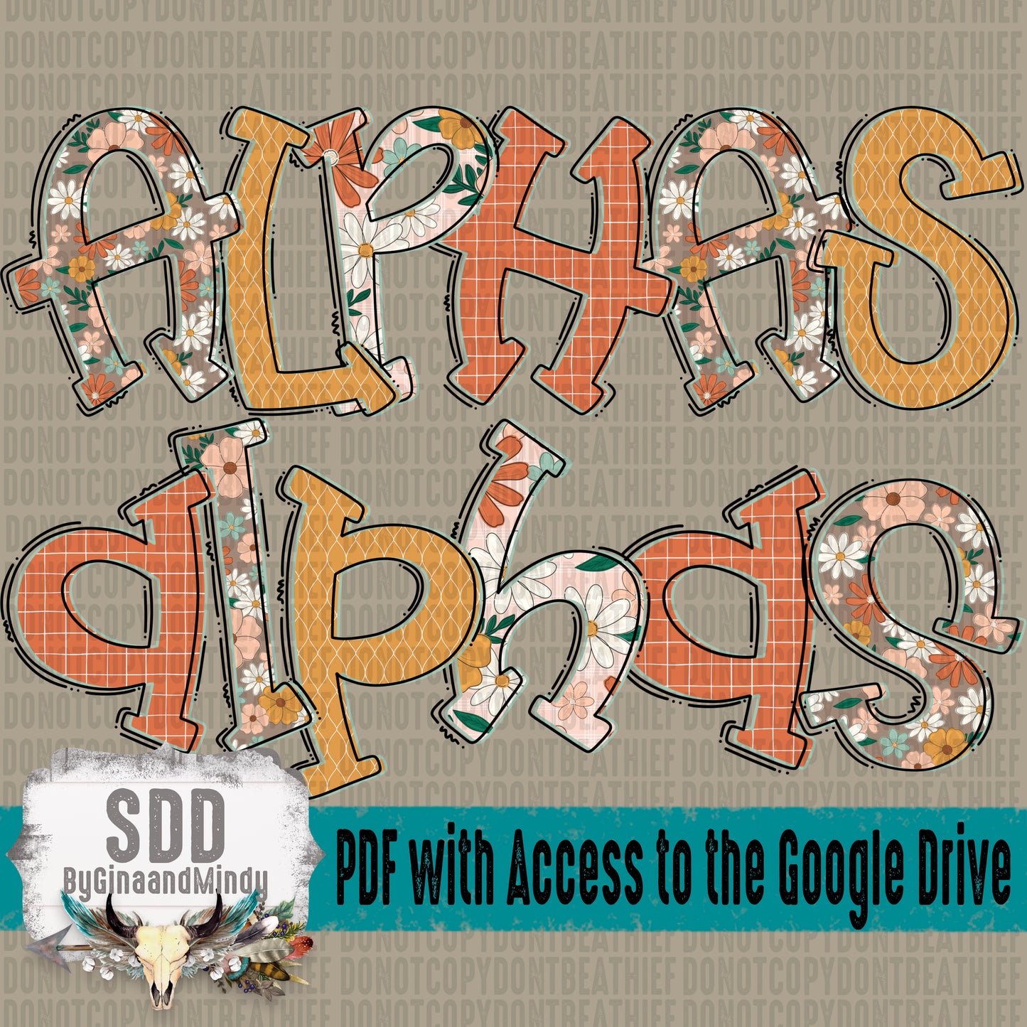 Floral Boho Summer Doodle Alpha Set (4 Set Uppercase, Lowercase, 0-9, + Special Characters)