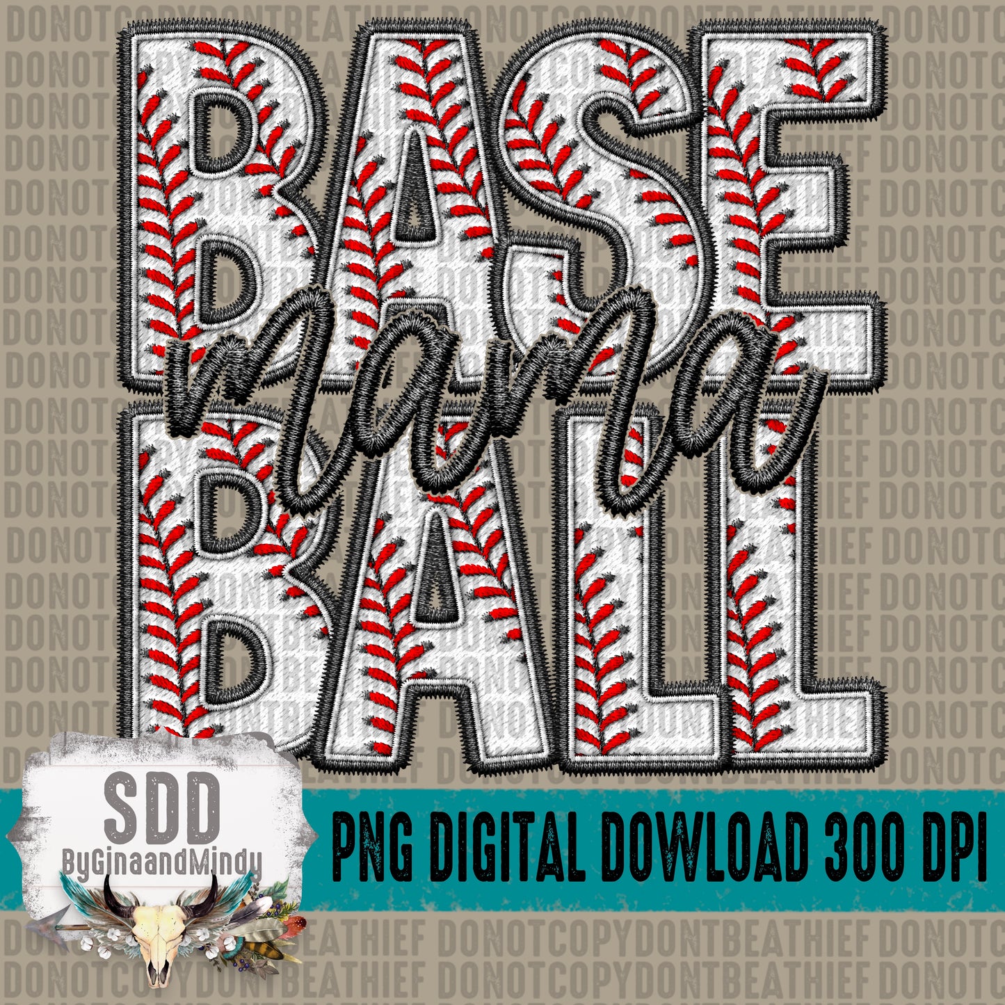 Faux Embroidery Baseball; Mama
