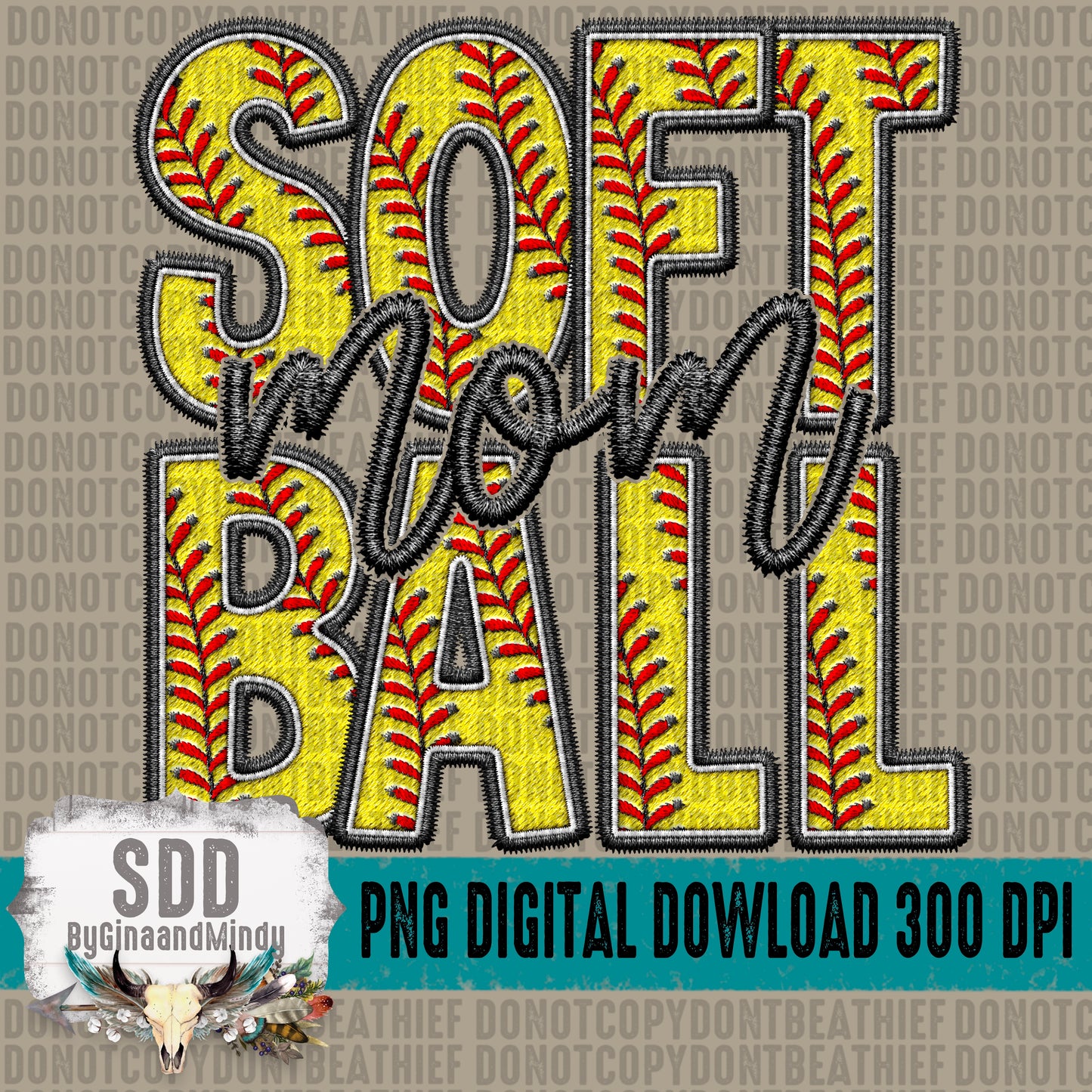 Faux Embroidery Softball; Mom