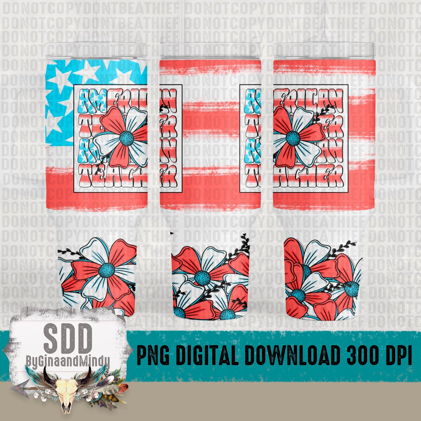 Floral American Teacher 40 oz Tumbler Digital Design
