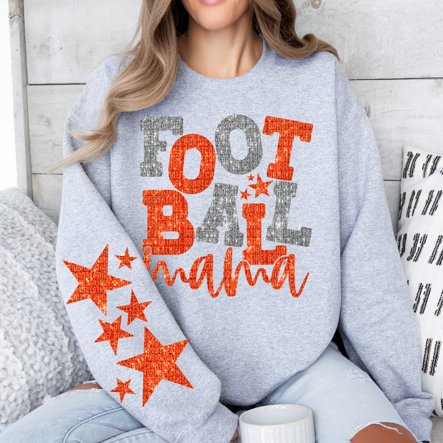 Football Mama Bundle With Stars; Orange & Silver (White)