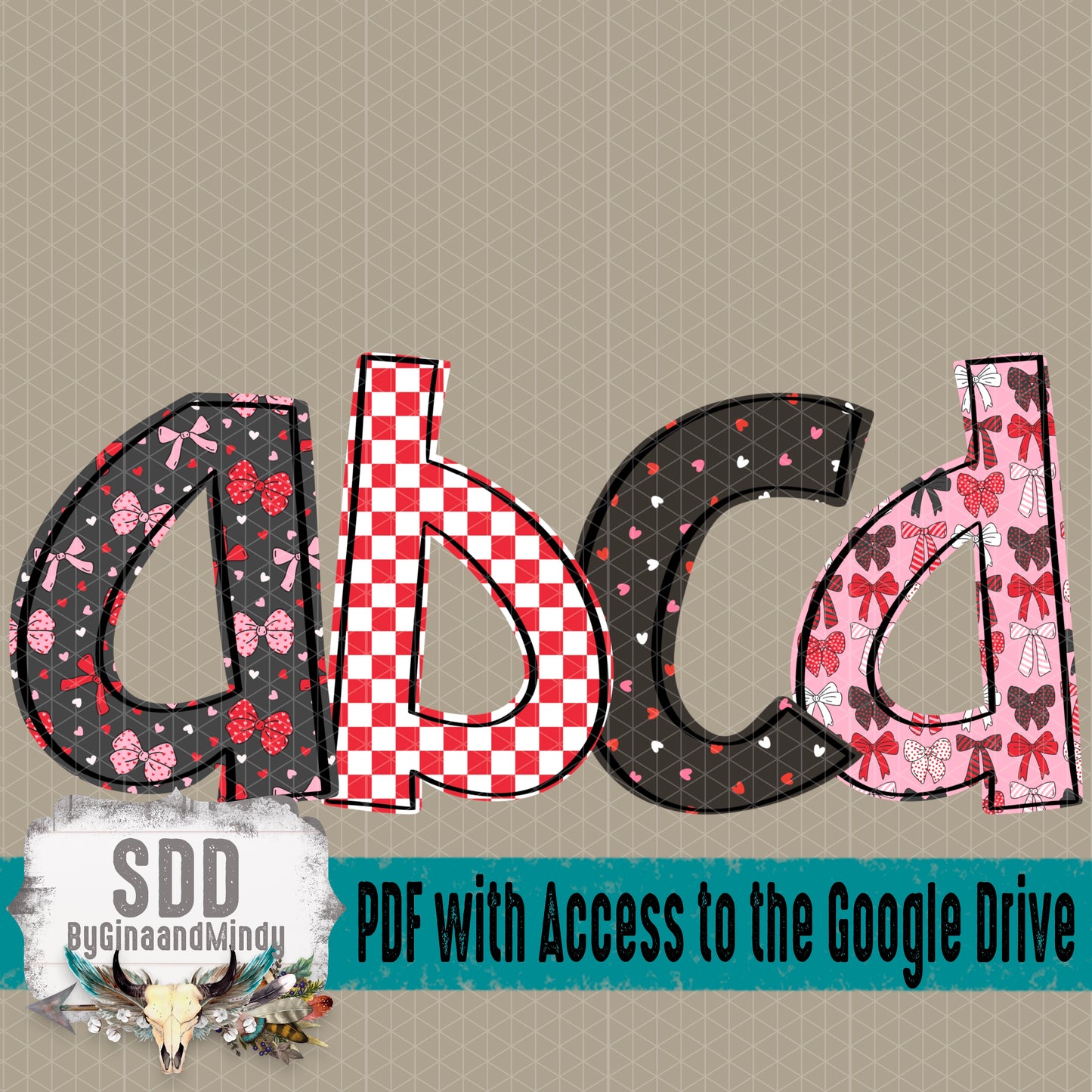 Hearts and Bows Doodle Alpha (4 Sets Uppercase & Lowercase, 0-9, + Special Characters)