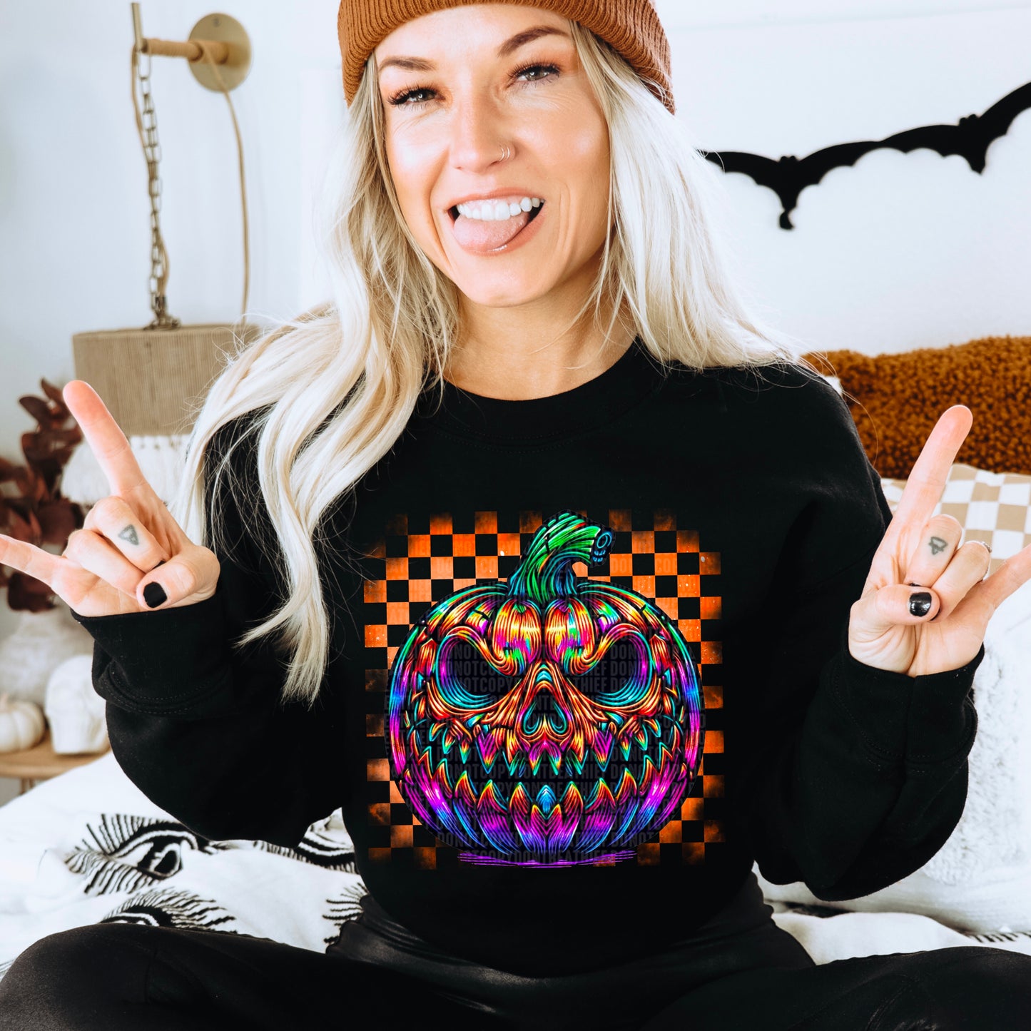 Neon Checkered Scary Pumpkin