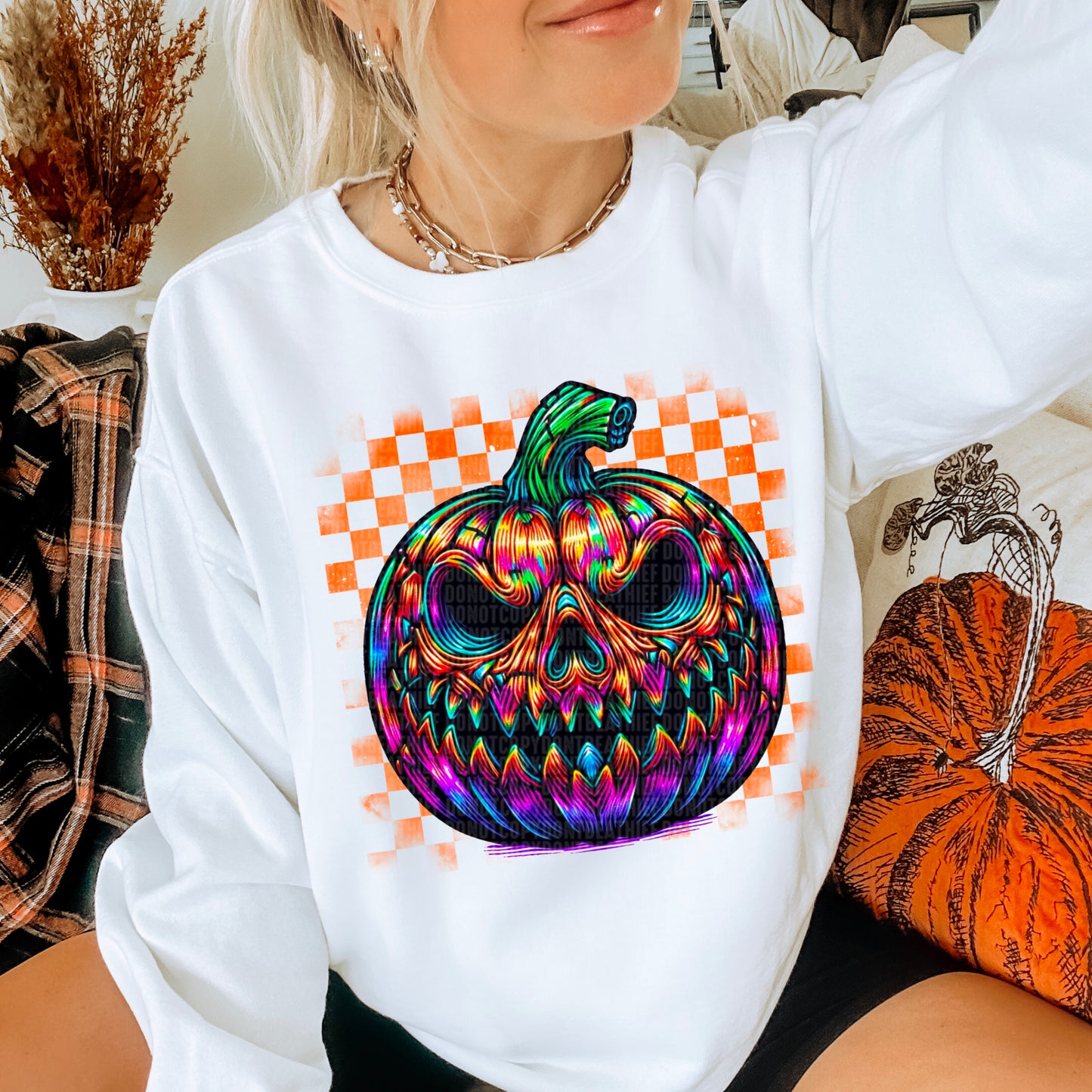 Neon Checkered Scary Pumpkin
