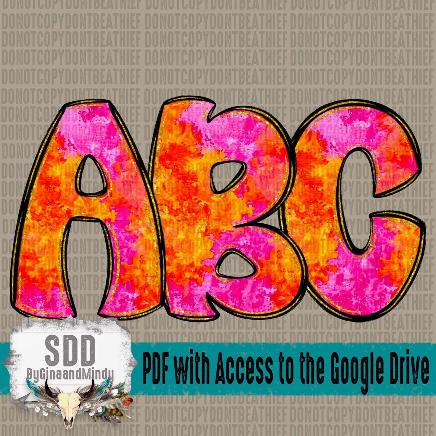 Orange and Pink Tie Dye Doodle Alpha Set (1 Set Uppercase & Lowercase, 0-9, + Special Characters)