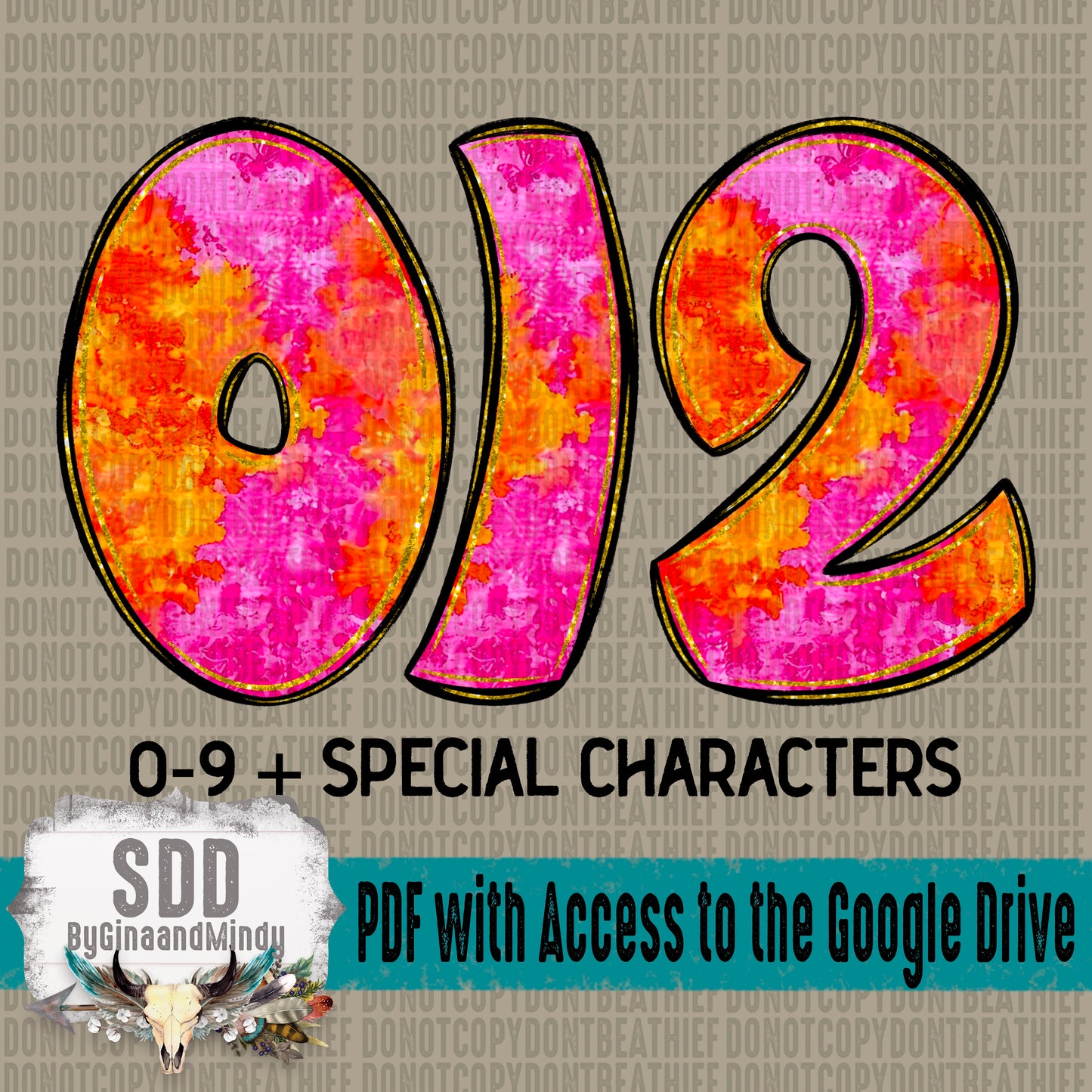Orange and Pink Tie Dye Doodle Alpha Set (1 Set Uppercase & Lowercase, 0-9, + Special Characters)