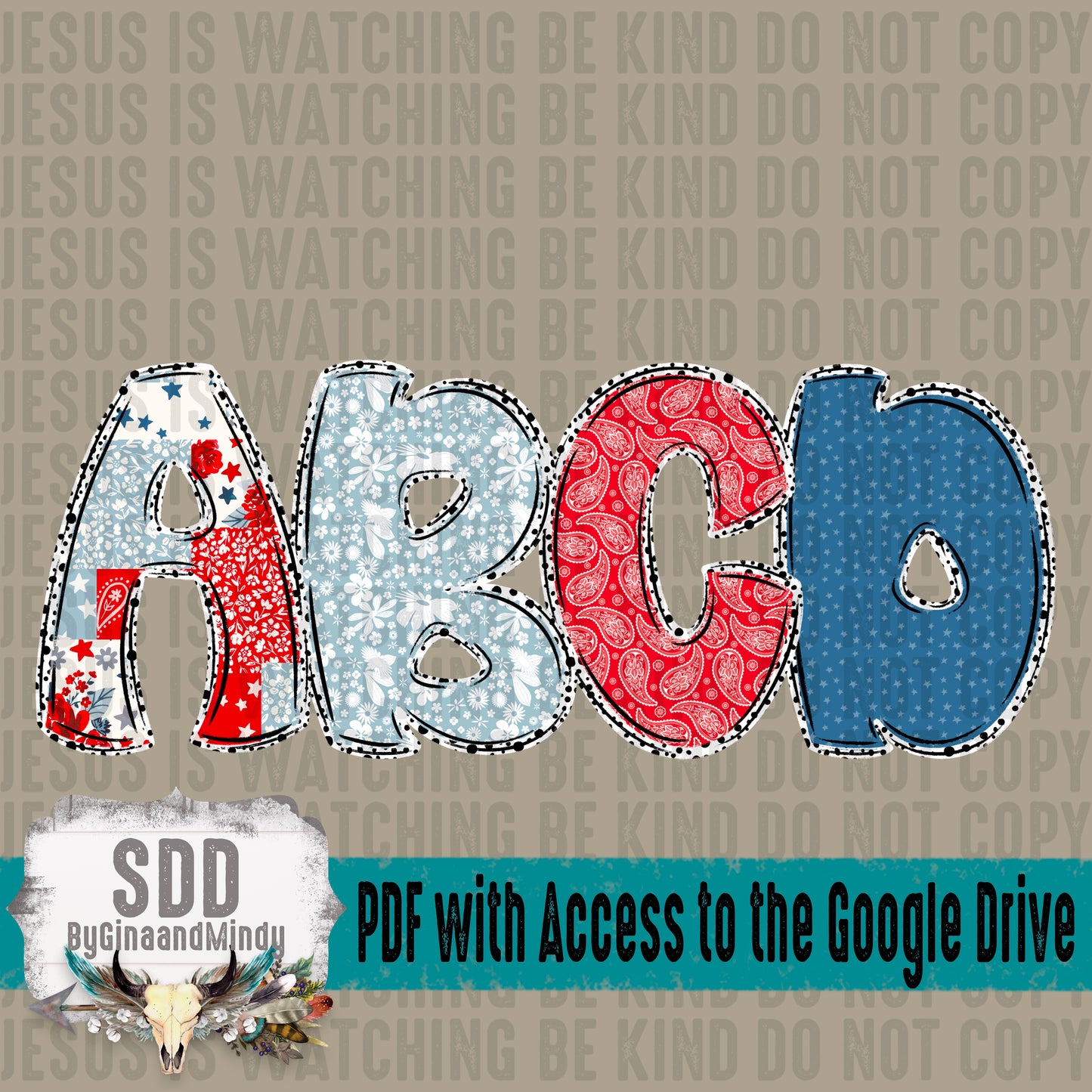 Patriotic Patches & Doodle Alpha (4 Set Uppercase & Lowercase, 0-9, + Special Characters)