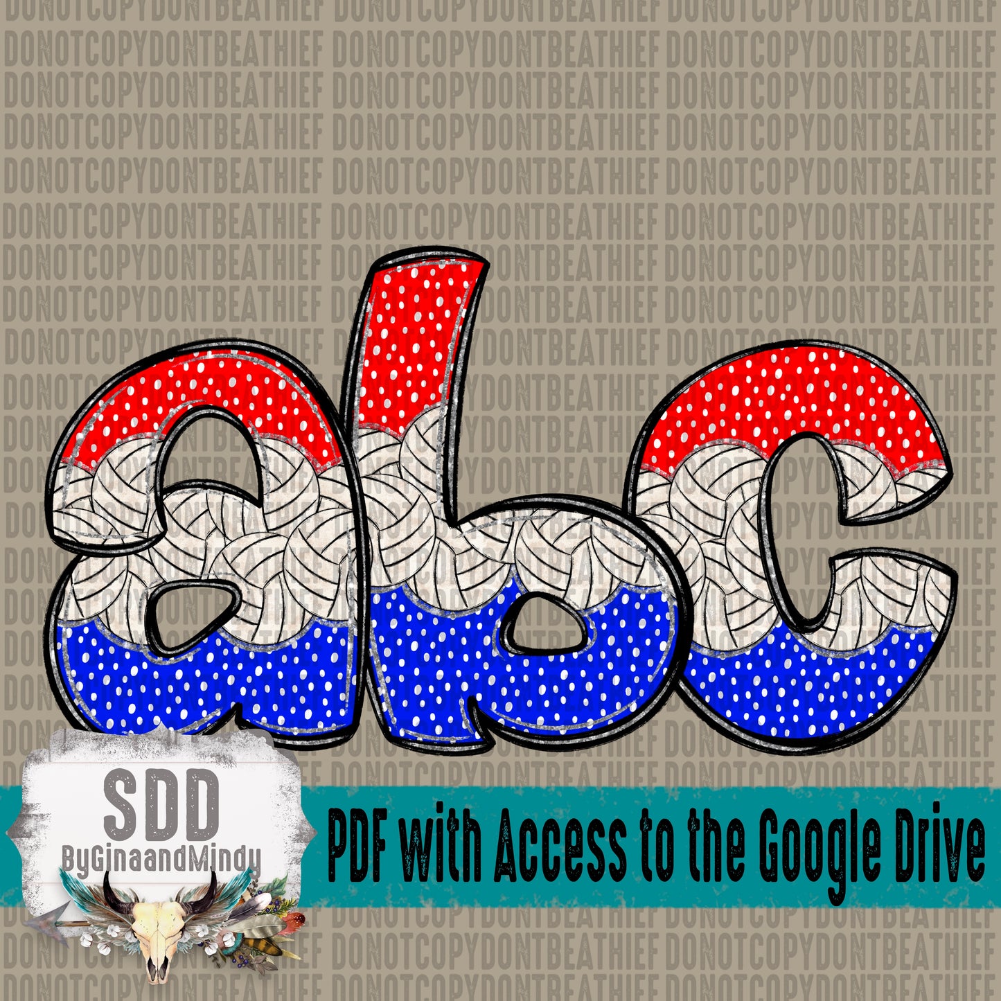 Red, White, & Blue Volleyball Doodle Alpha Set (1 Set Uppercase & Lowercase, 0-9, + Special Characters)