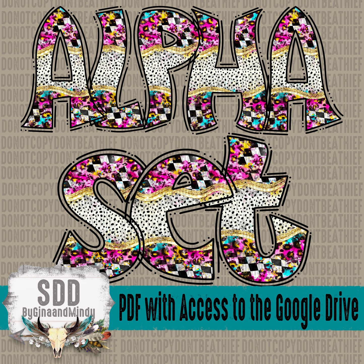 Split Leopard & Checkered With Dotties Doodle Alpha Set (1 Set Uppercase & Lowercase, 0-9, + Special Characters)