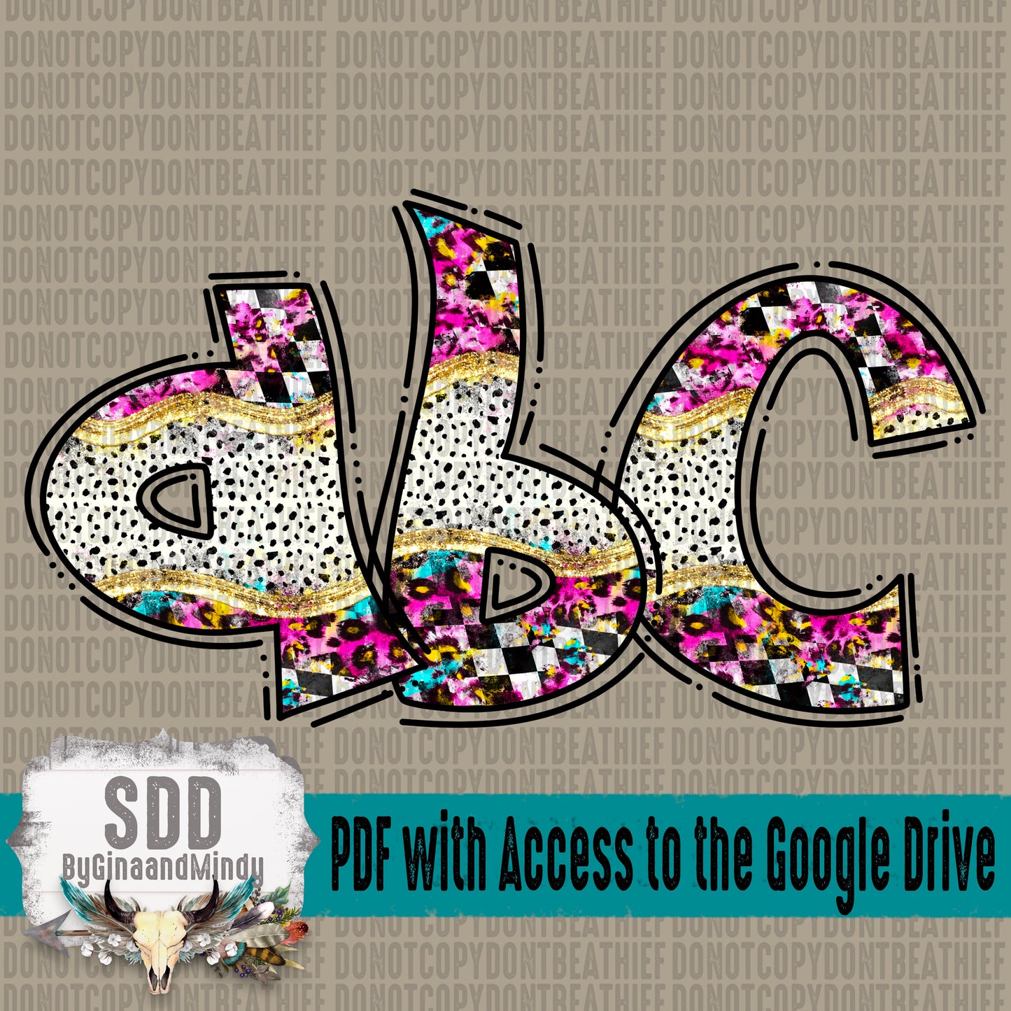 Split Leopard & Checkered With Dotties Doodle Alpha Set (1 Set Uppercase & Lowercase, 0-9, + Special Characters)