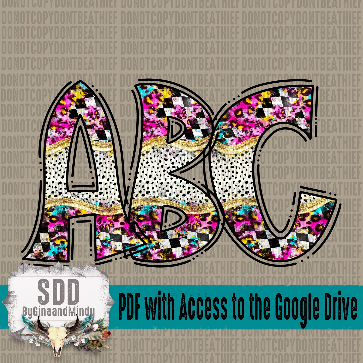 Split Leopard & Checkered With Dotties Doodle Alpha Set (1 Set Uppercase & Lowercase, 0-9, + Special Characters)
