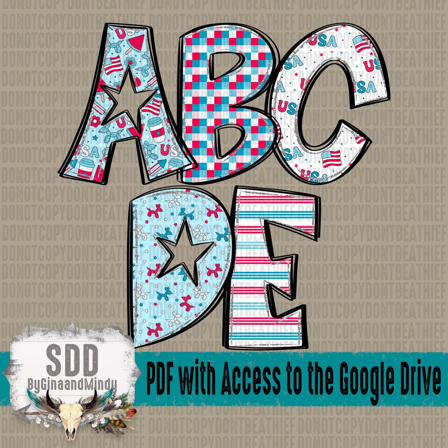 Star Struck 4th of July Doodle Alpha Set (5 Set Uppercase & Lowercase, 0-9, + Special Characters)