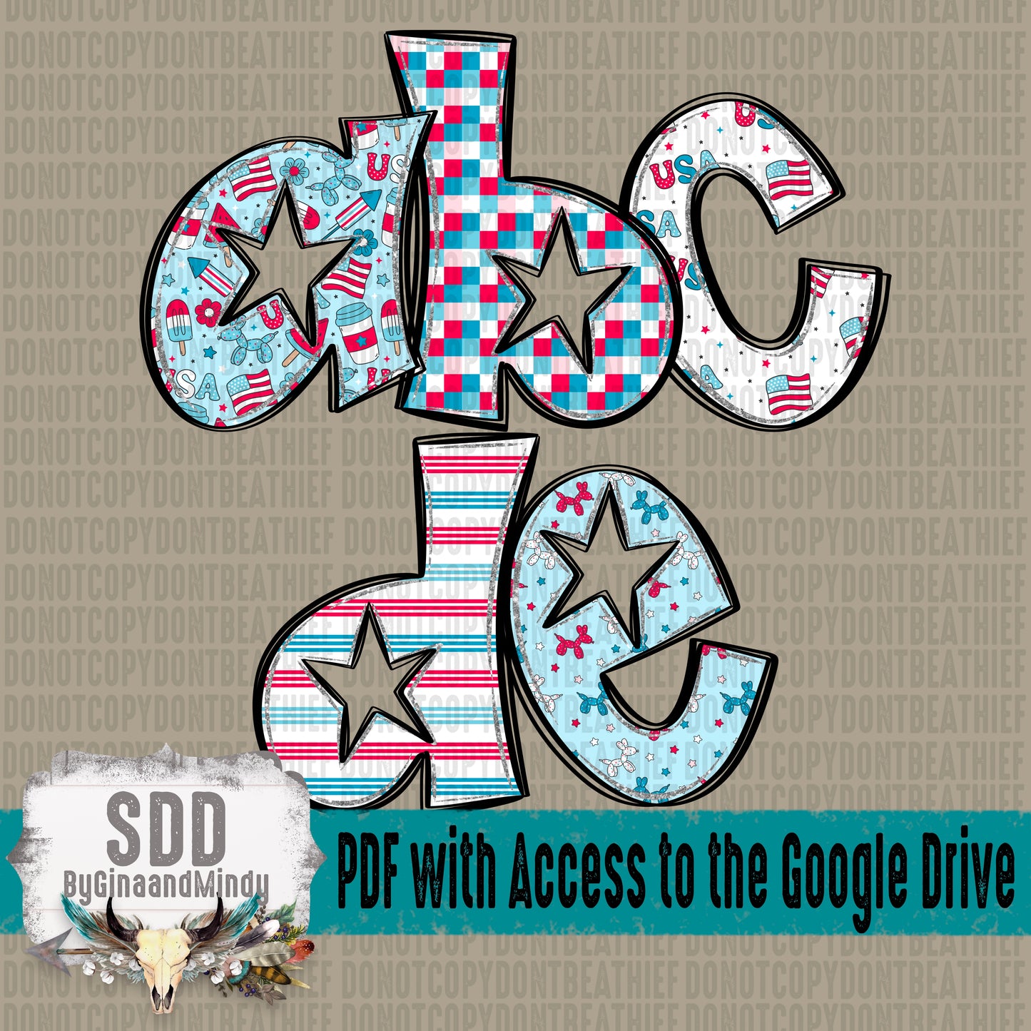 Star Struck 4th of July Doodle Alpha Set (5 Set Uppercase & Lowercase, 0-9, + Special Characters)