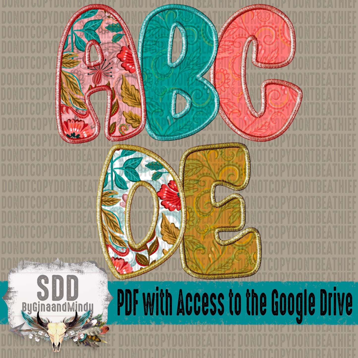 Stitched Boho Vintage Floral Alpha Set (5 Set Uppercase & Lowercase, 0-9, + Special Characters)
