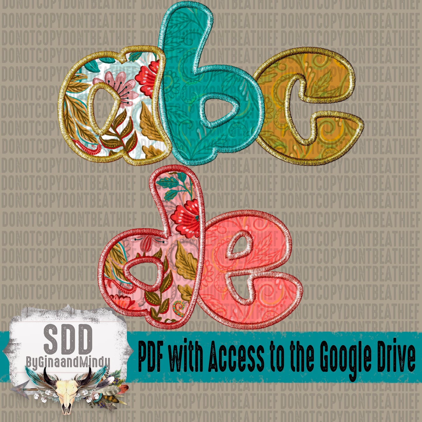 Stitched Boho Vintage Floral Alpha Set (5 Set Uppercase & Lowercase, 0-9, + Special Characters)