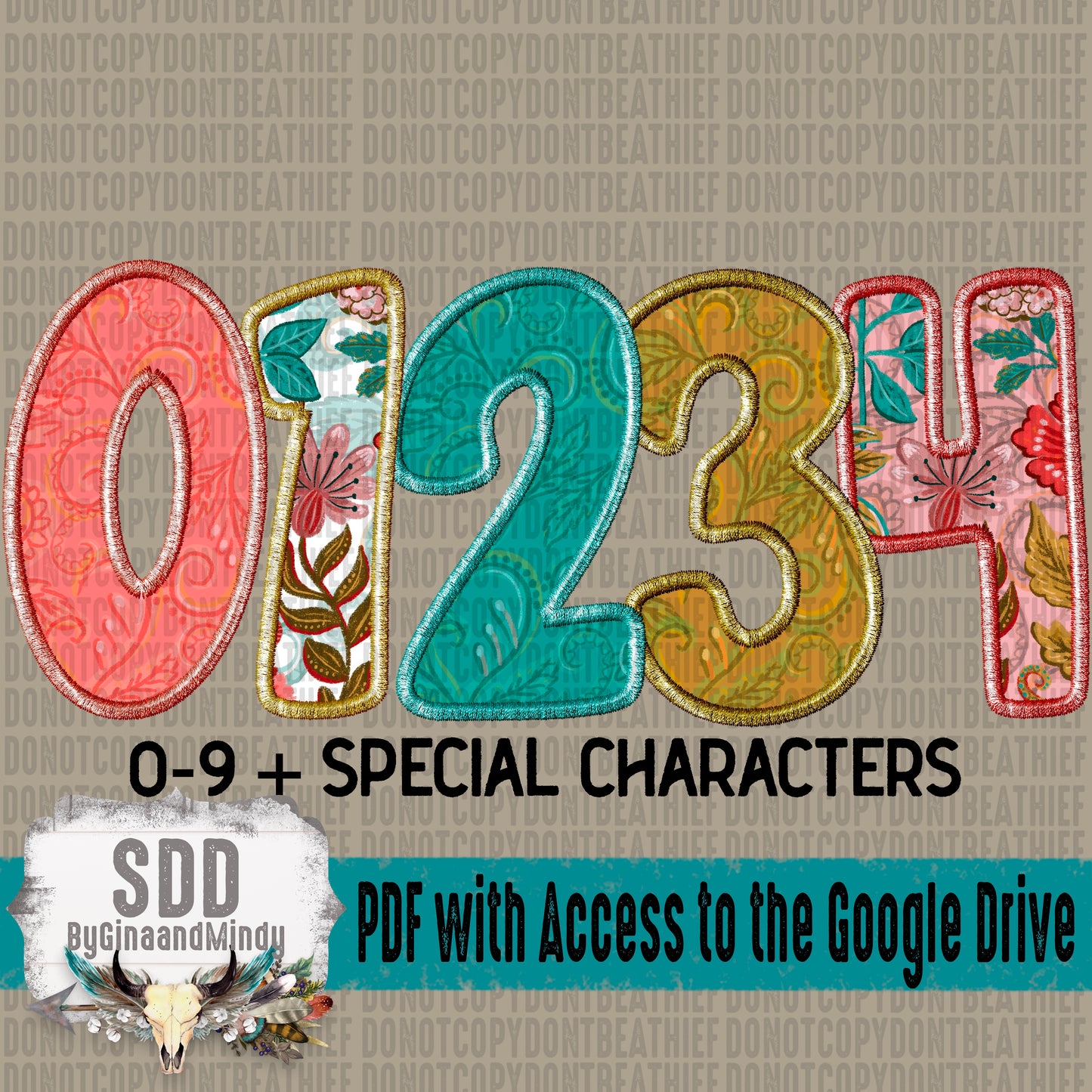 Stitched Boho Vintage Floral Alpha Set (5 Set Uppercase & Lowercase, 0-9, + Special Characters)