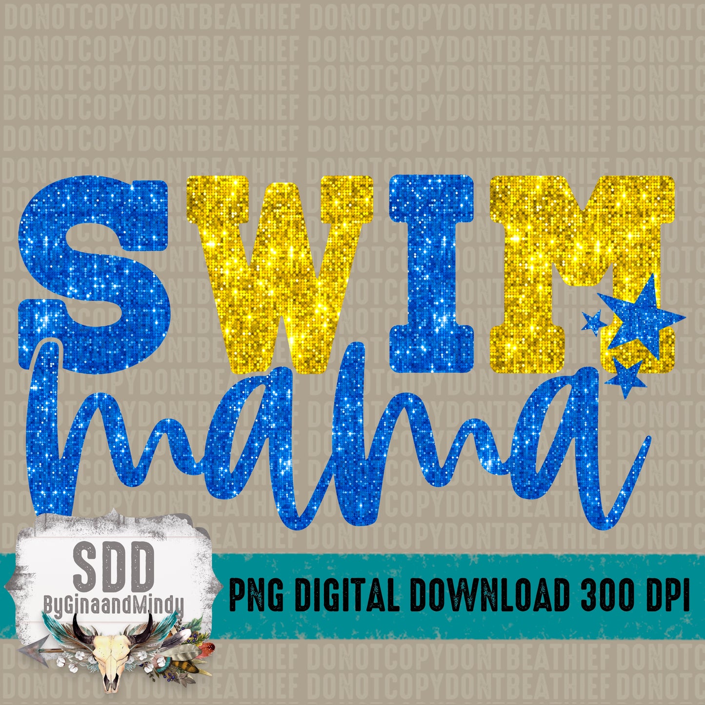 Swim Mama Bundle With Stars; Blue & Dark Yellow Gold