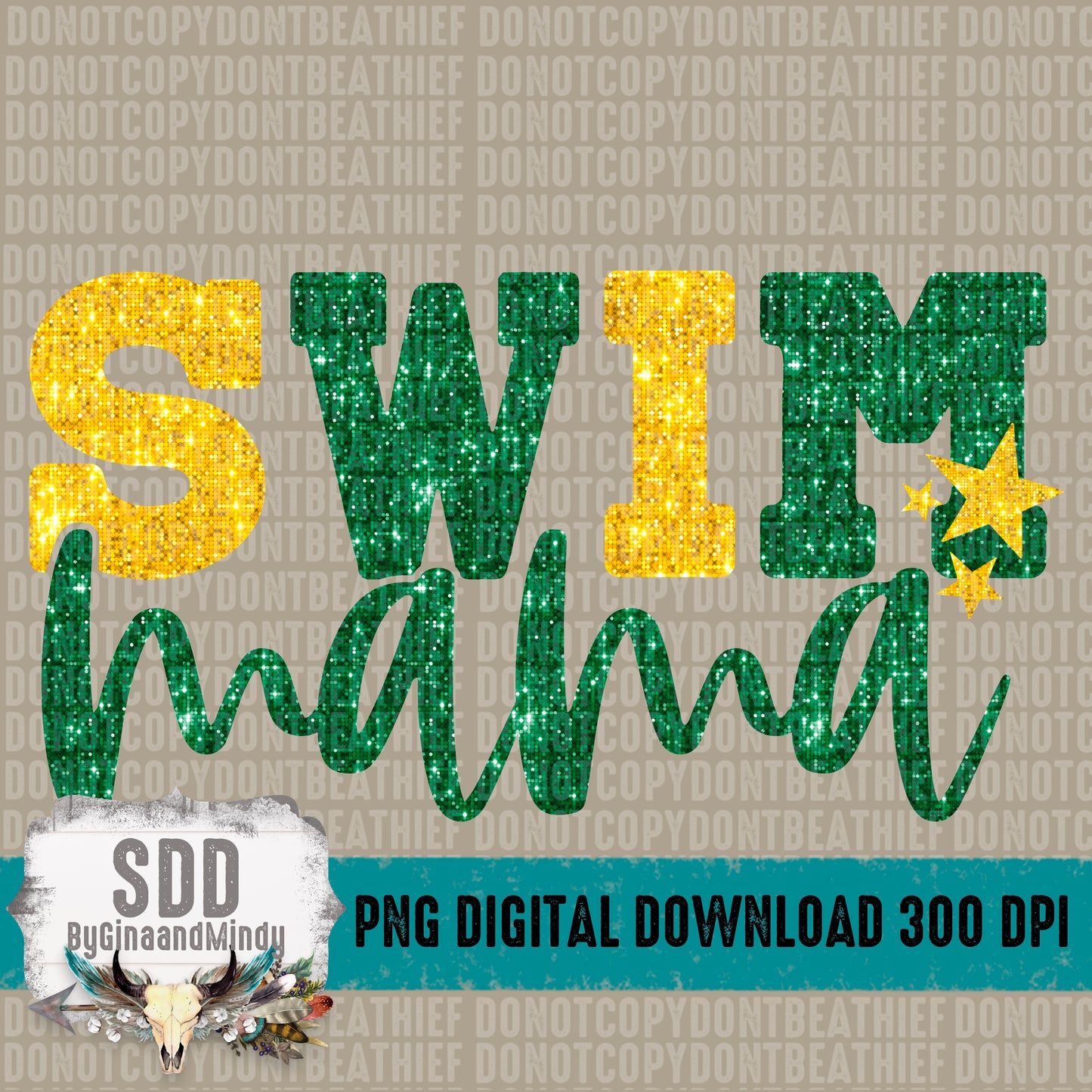 Swim Mama Bundle With Stars; Dark Green & Yellow Gold