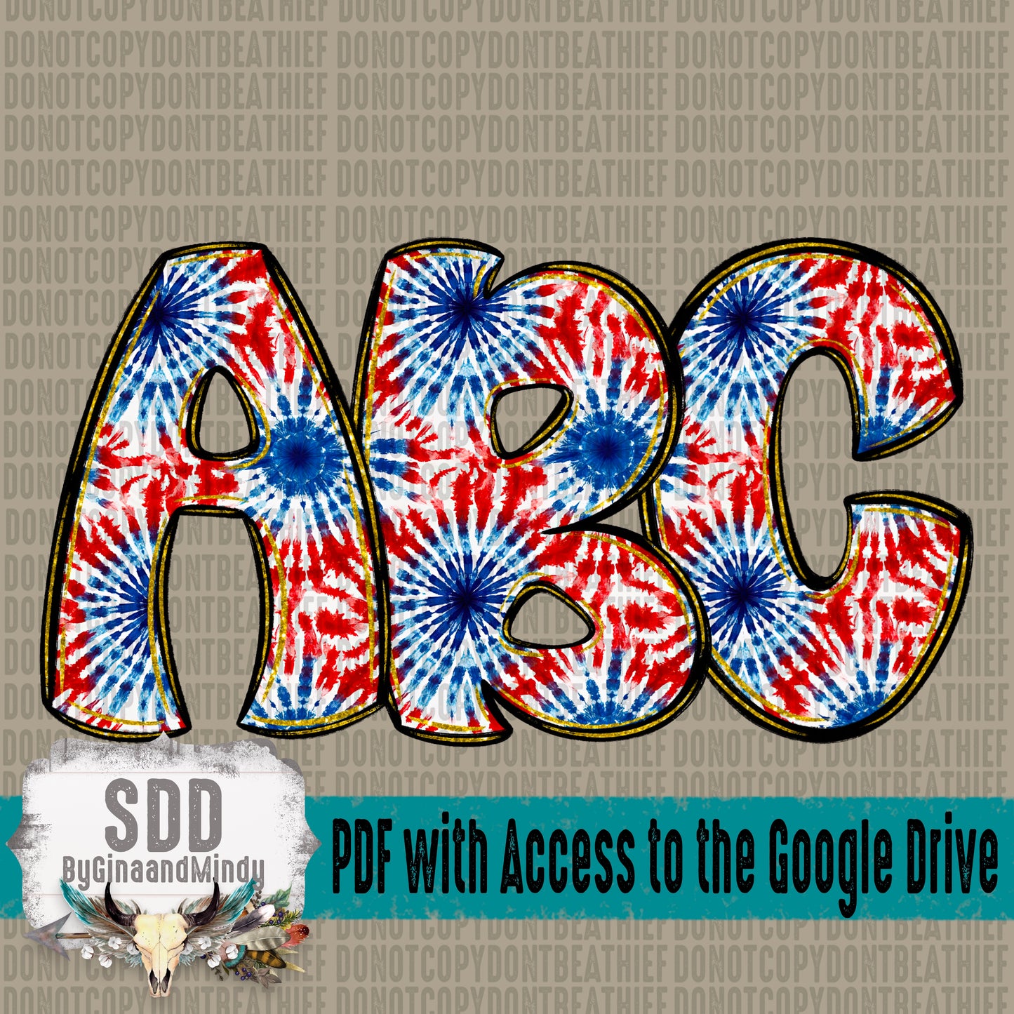 Patriotic Tie Dye Doodle Alpha Set (1 Set Uppercase & Lowercase, 0-9, + Special Characters)