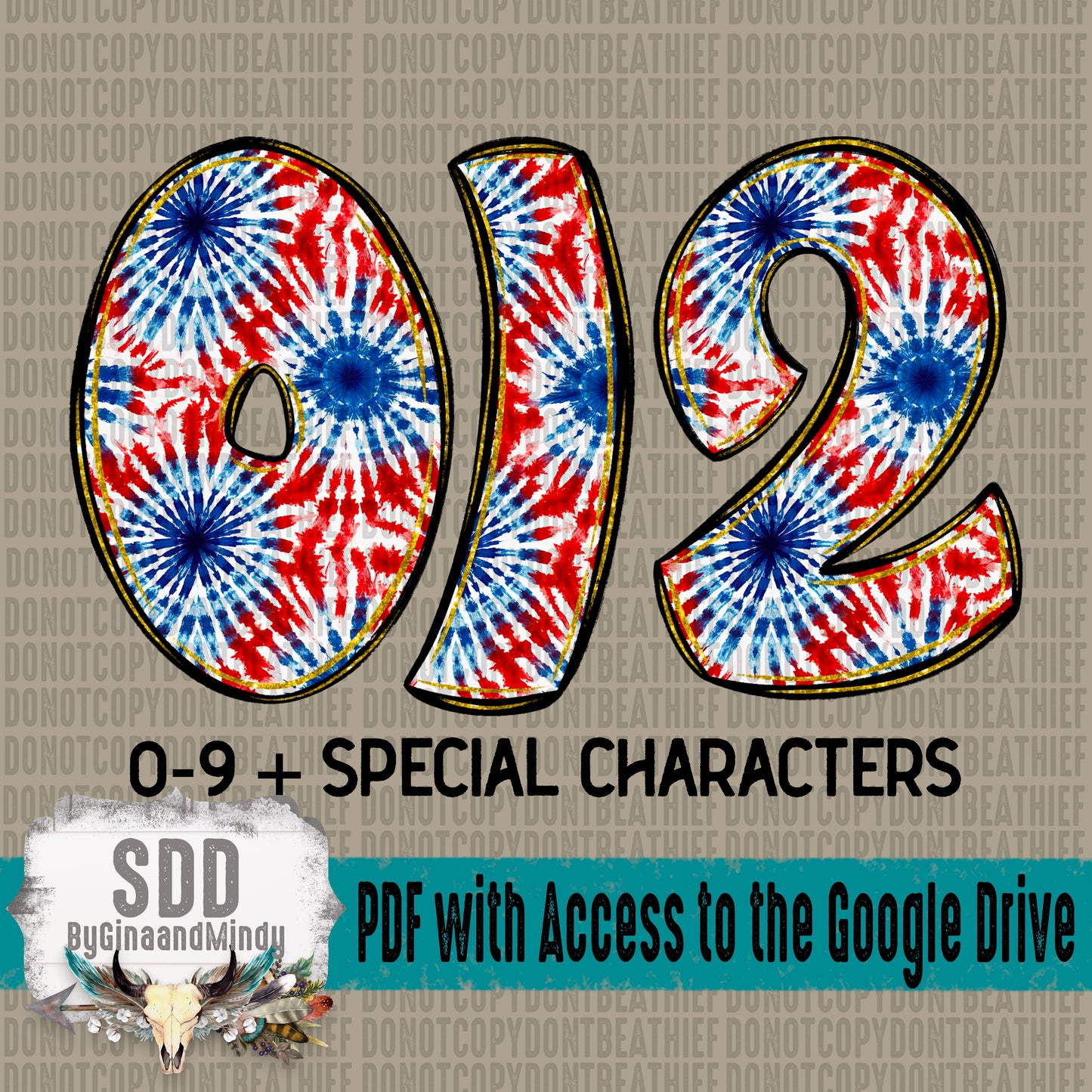 Patriotic Tie Dye Doodle Alpha Set (1 Set Uppercase & Lowercase, 0-9, + Special Characters)