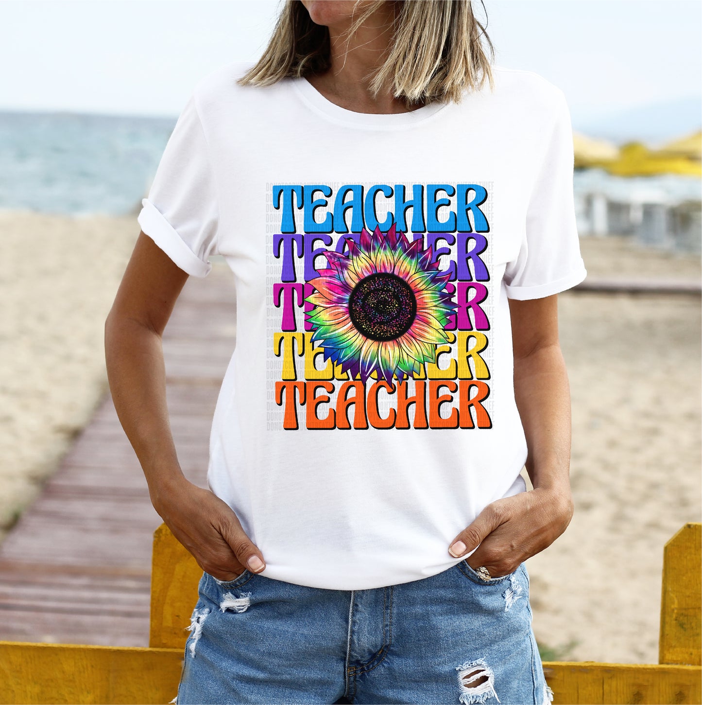 Teacher (Stacked) Tie-Dye Sunflower