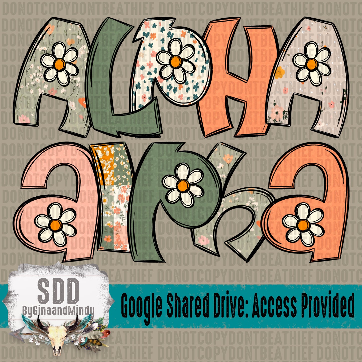 Boho Ditsy Floral Doodle (7 Sets Uppercase, Lowercase, Numbers, & Special Characters)