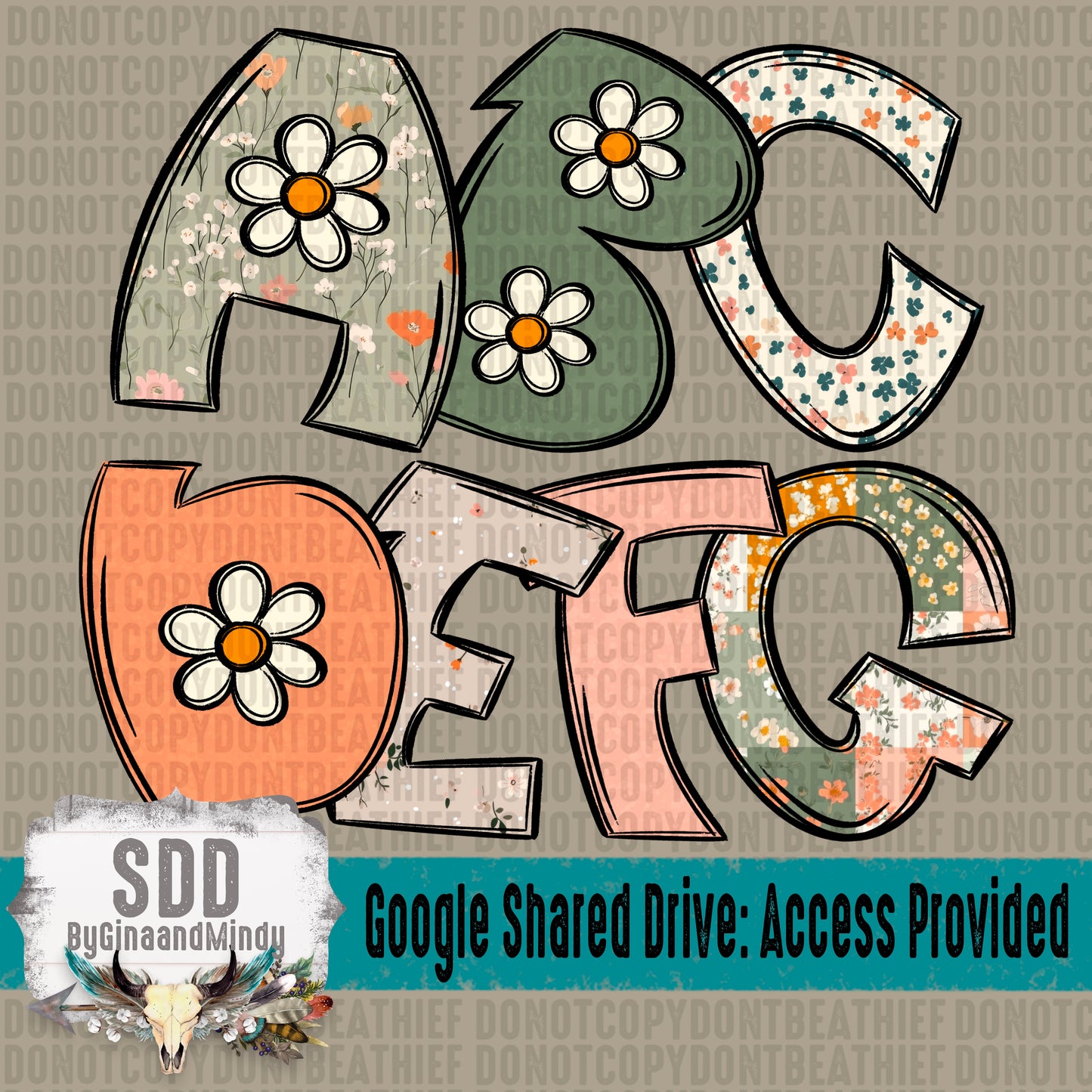 Boho Ditsy Floral Doodle (7 Sets Uppercase, Lowercase, Numbers, & Special Characters)