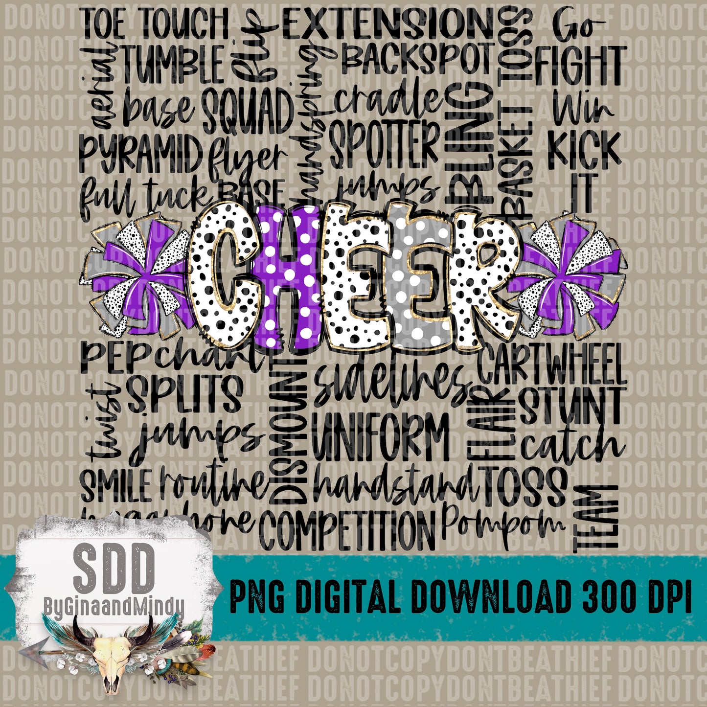 Cheer Doodle Word Art -Purple & Grey