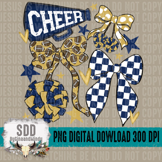 Cheer Bows; Navy Blue & Vegas Gold