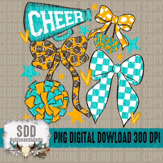 Cheer Bows; Teal & Yellow Gold