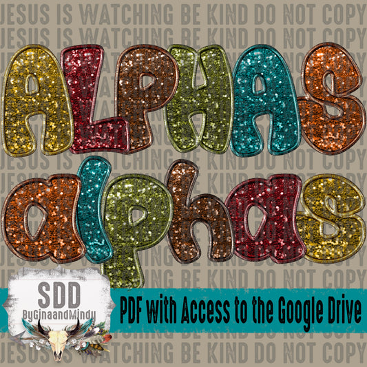 Fall Sequins Faux Embroidery Alpha (6 Sets Uppercase & Lowercase, 0-9, + Special Characters)