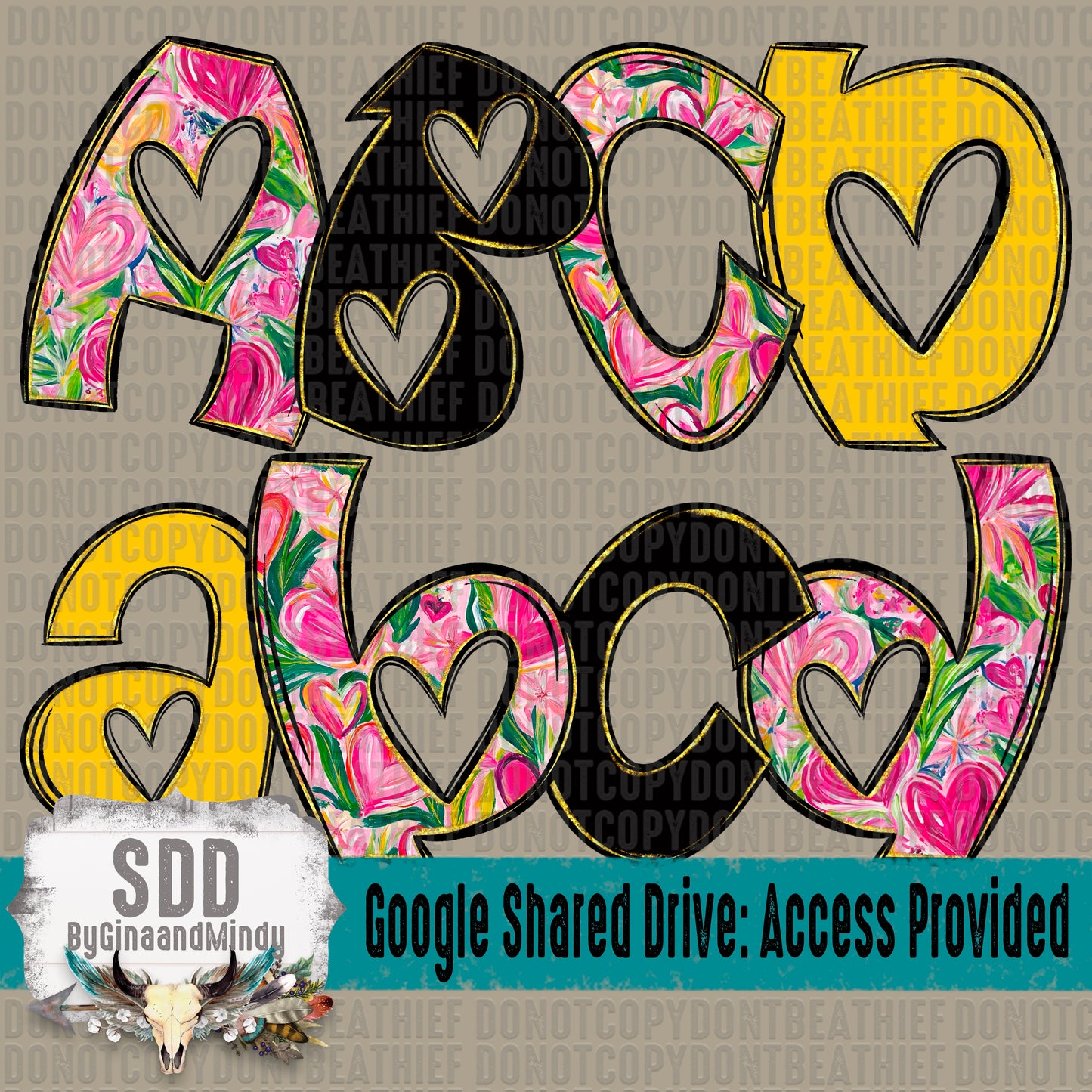 Floral Hearts Doodle Letters (Uppercase, Lowercase, 0-9 Special Characters)