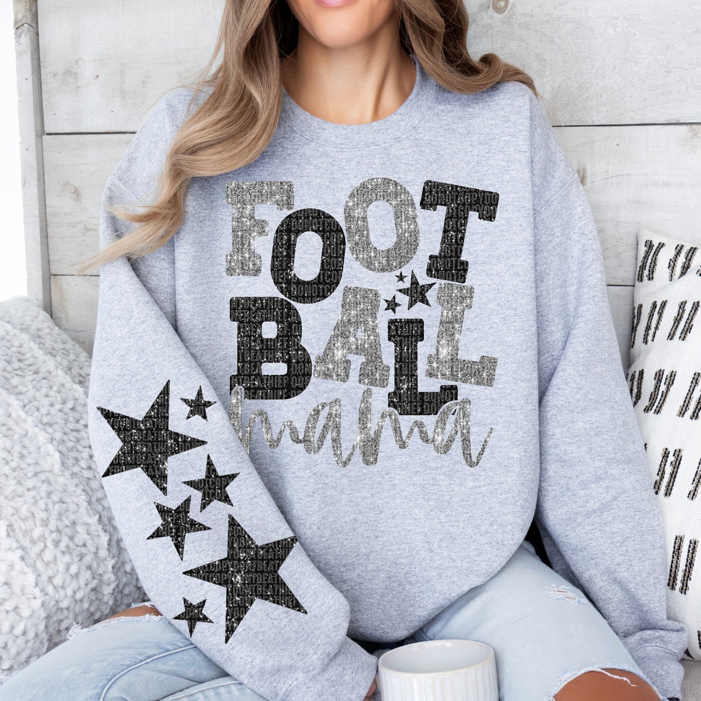 Football Mama Bundle With Stars; Black & Silver (White)