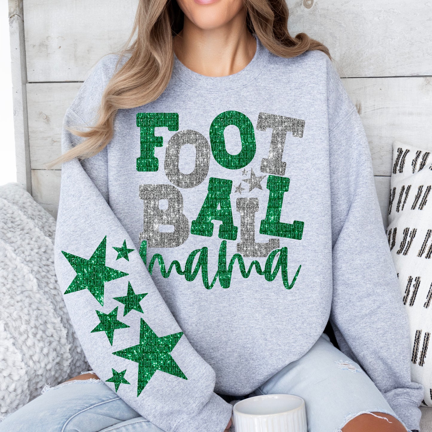 Football Mama Bundle With Stars; Green & Silver (White)