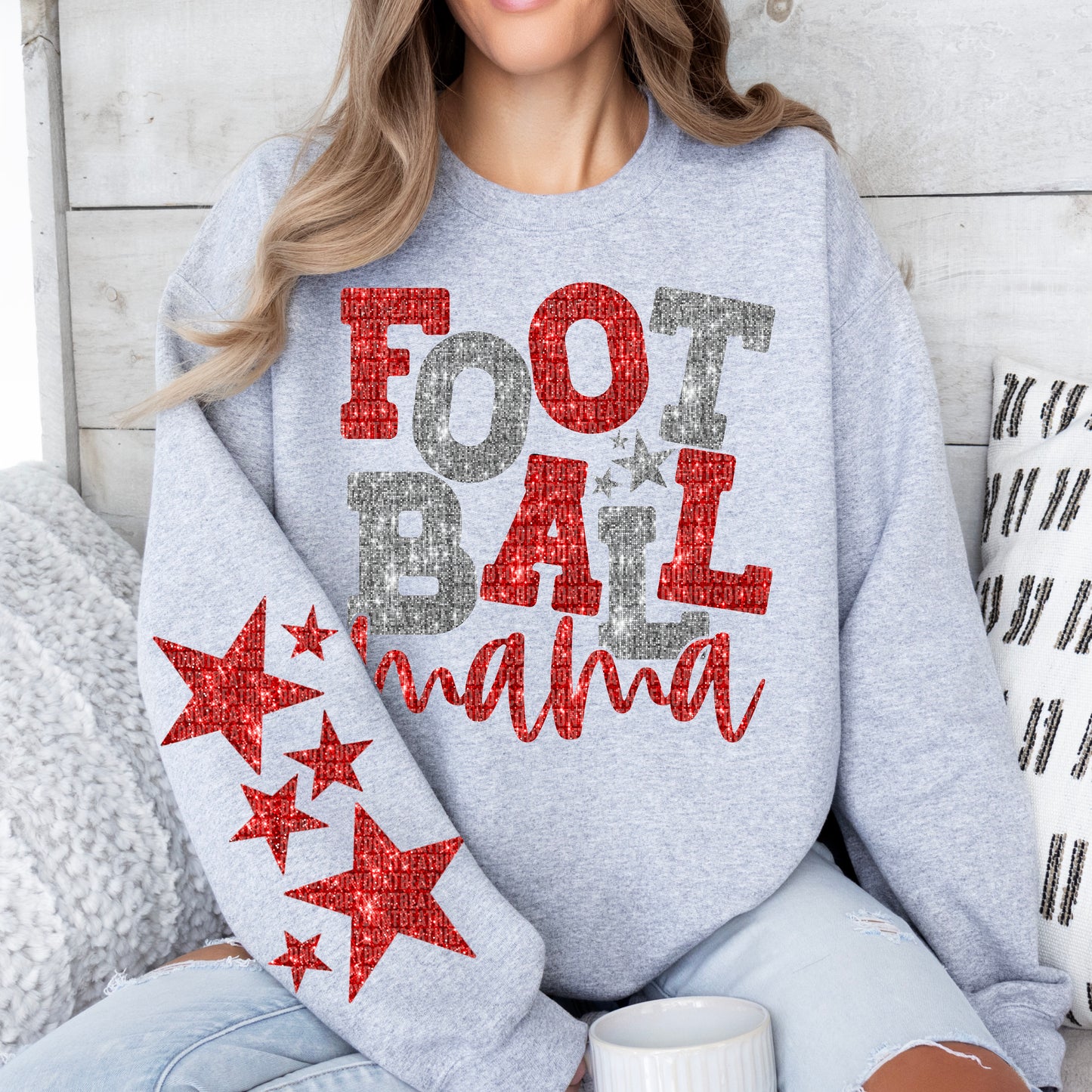 Football Mama Bundle With Stars; Red & Silver (White)