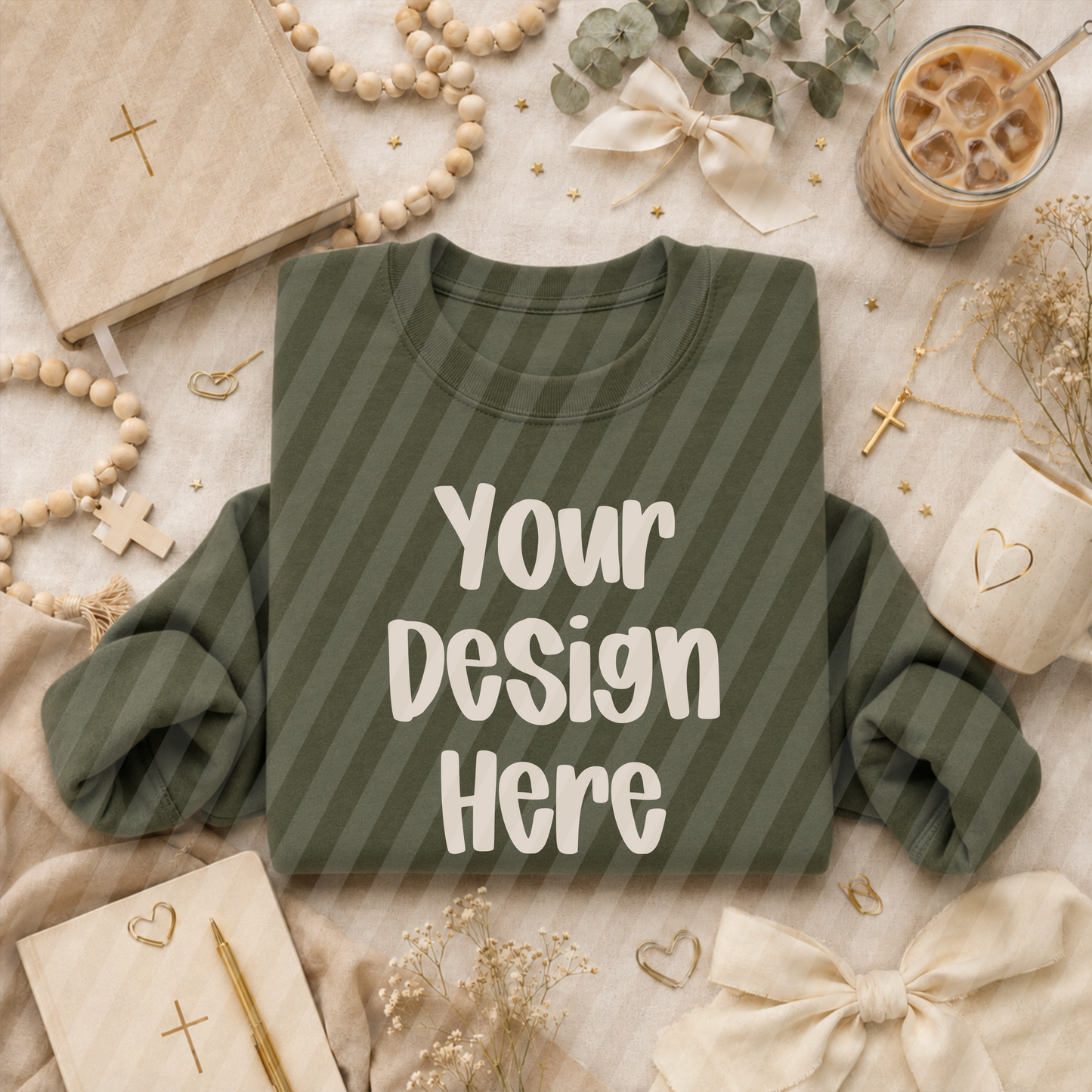 Military Green Folded Faith Crew Sweatshirt Mockup