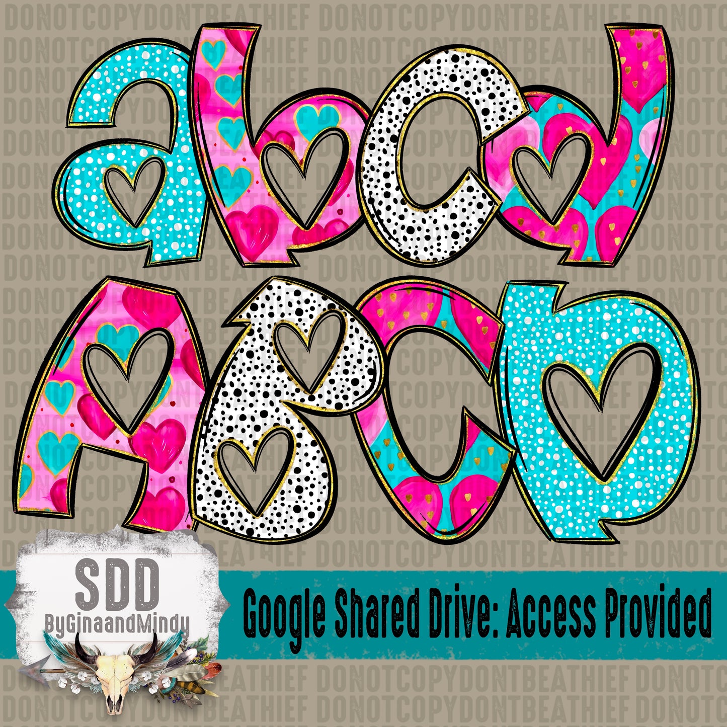 Gold Foil Valentine's Doodle Letters (Uppercase, Lowercase, 0-9 & 7 Special Characters)