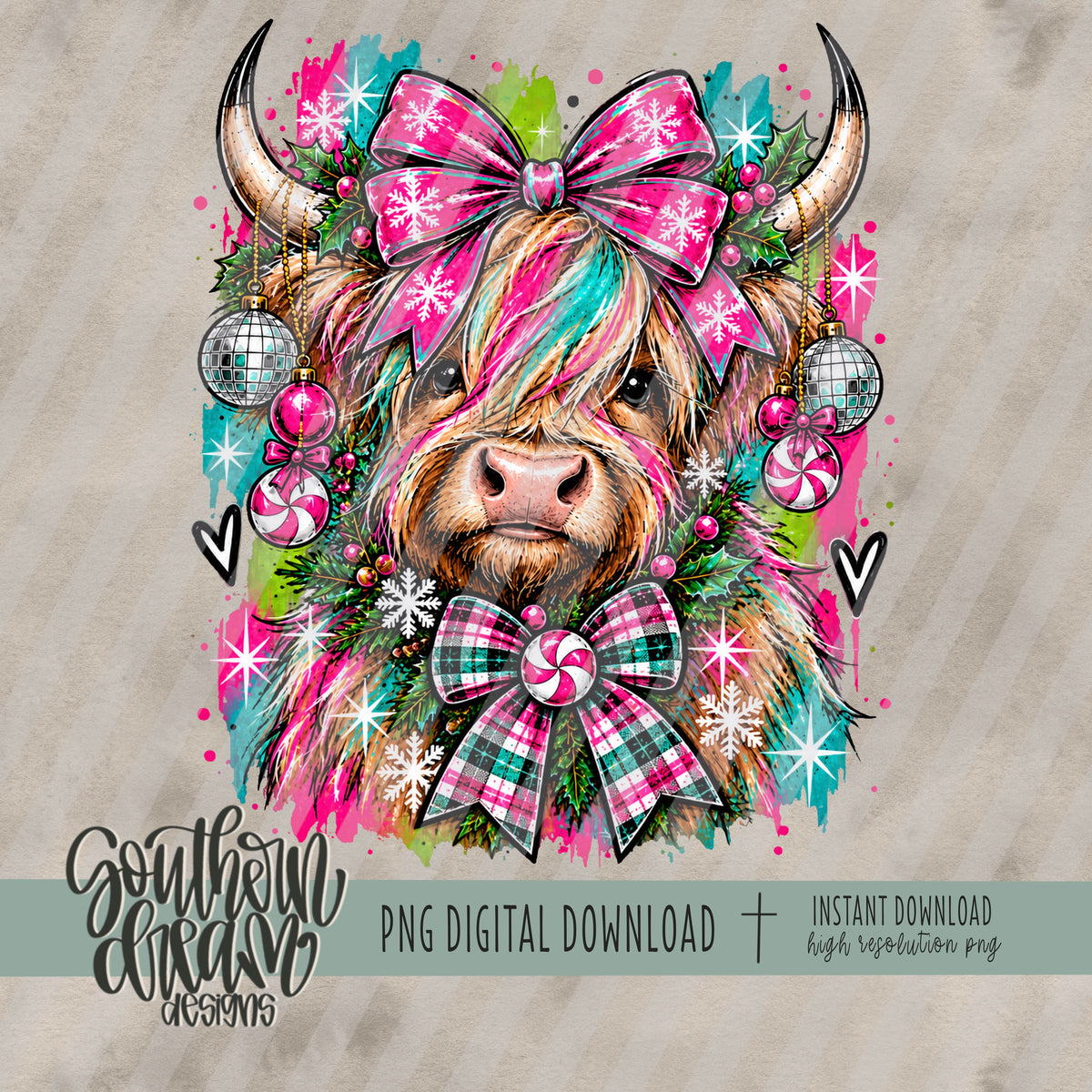 Grunge Christmas Highland Cow