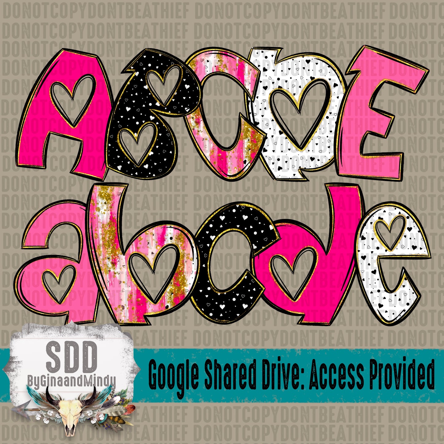 Heart Dotties and Gold Doodle Letters (Uppercase, Lowercase, 0-9 Special Characters)