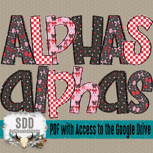 Hearts and Bows Doodle Alpha (4 Sets Uppercase & Lowercase, 0-9, + Special Characters)