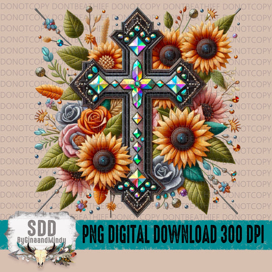 Floral Holographic Rhinestone Cross