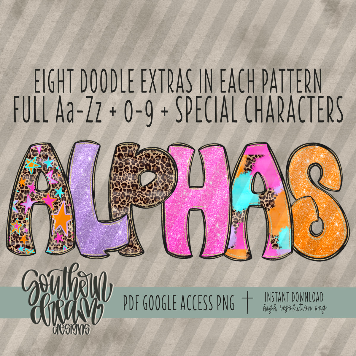Messy Neon Leopard Doodle Alpha (7 Sets Aa-Zz, 0-9, Special Characters)