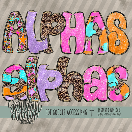Messy Neon Leopard Doodle Alpha (7 Sets Aa-Zz, 0-9, Special Characters)