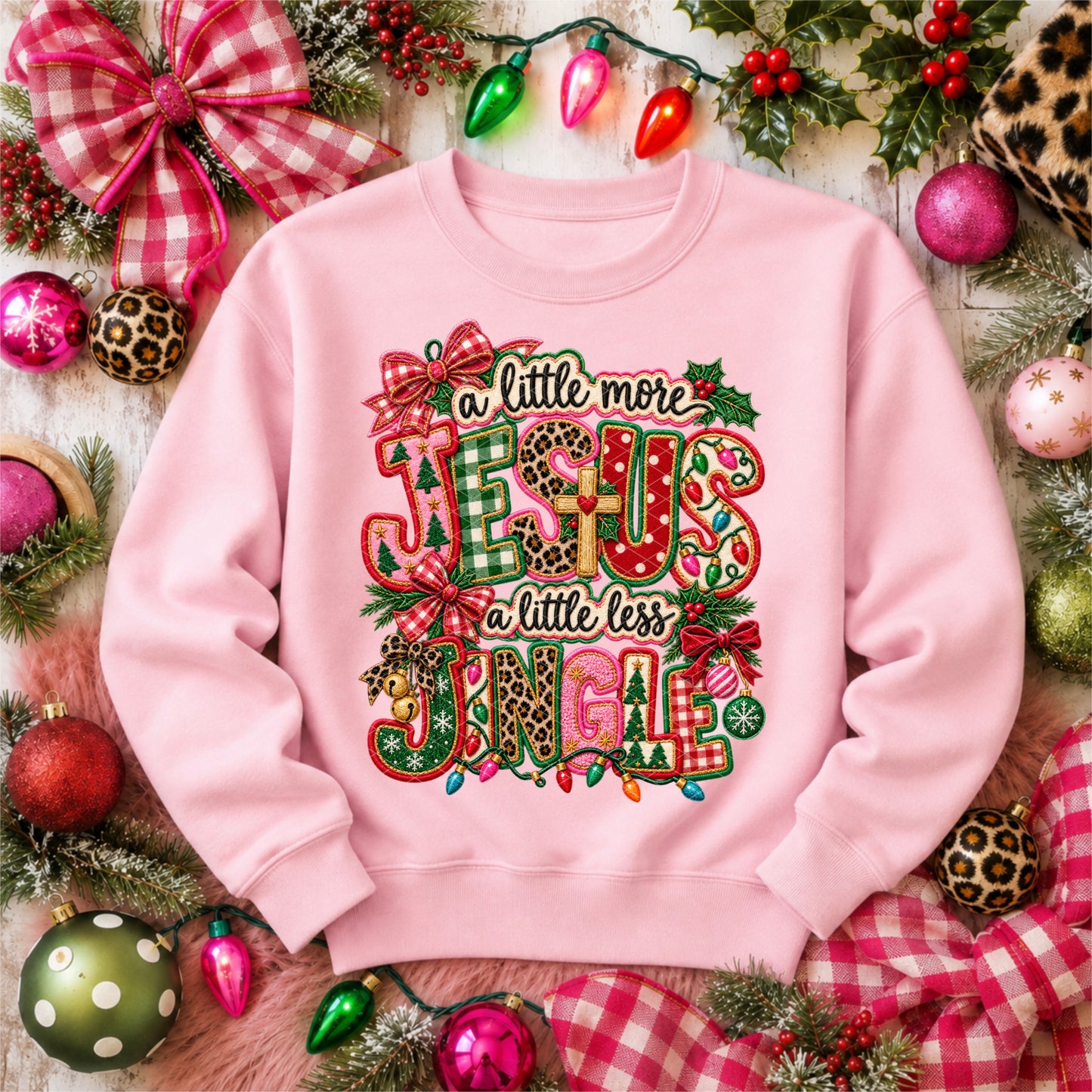 More Jesus Less Jingle Faux Embroidery
