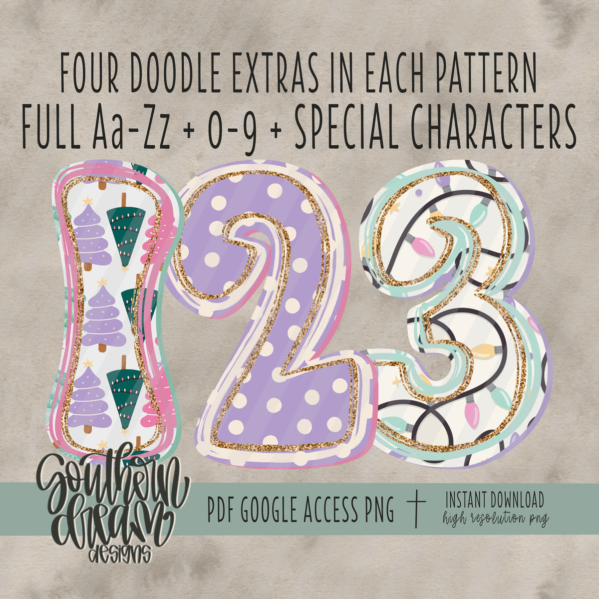 Pastel Christmas Doodle (3 Sets Aa-Zz, 0-9, Special Characters)