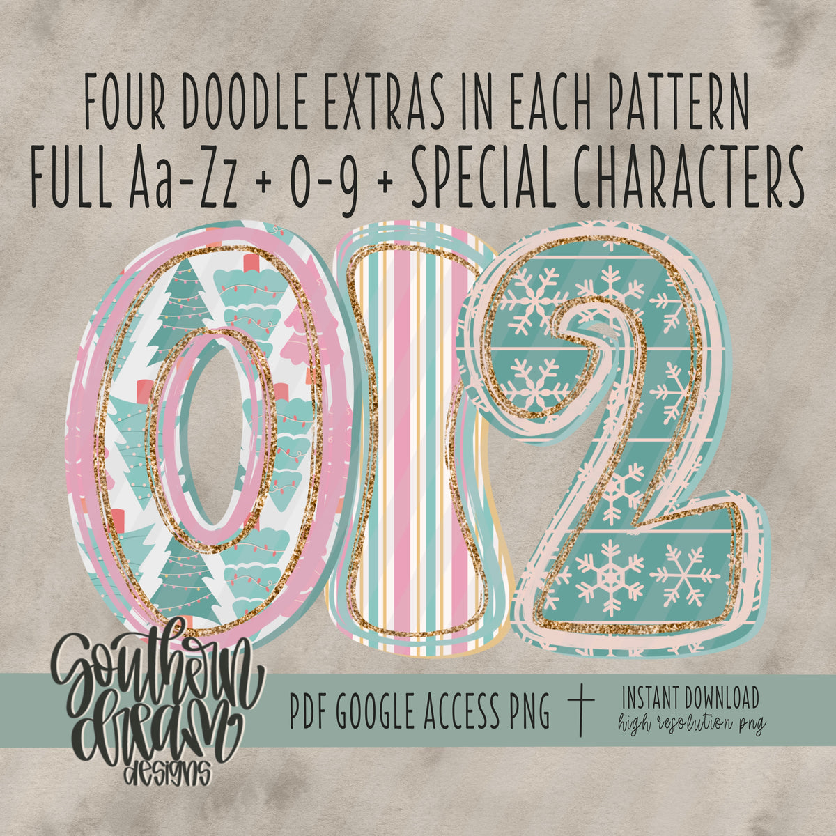 Pink Christmas Doodle (3 Sets Aa-Zz, 0-9, Special Characters)
