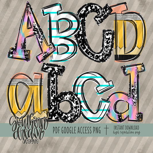 School Doodle Alpha (4 Sets Uppercase, Lowercase, 0-9, Special Characters)
