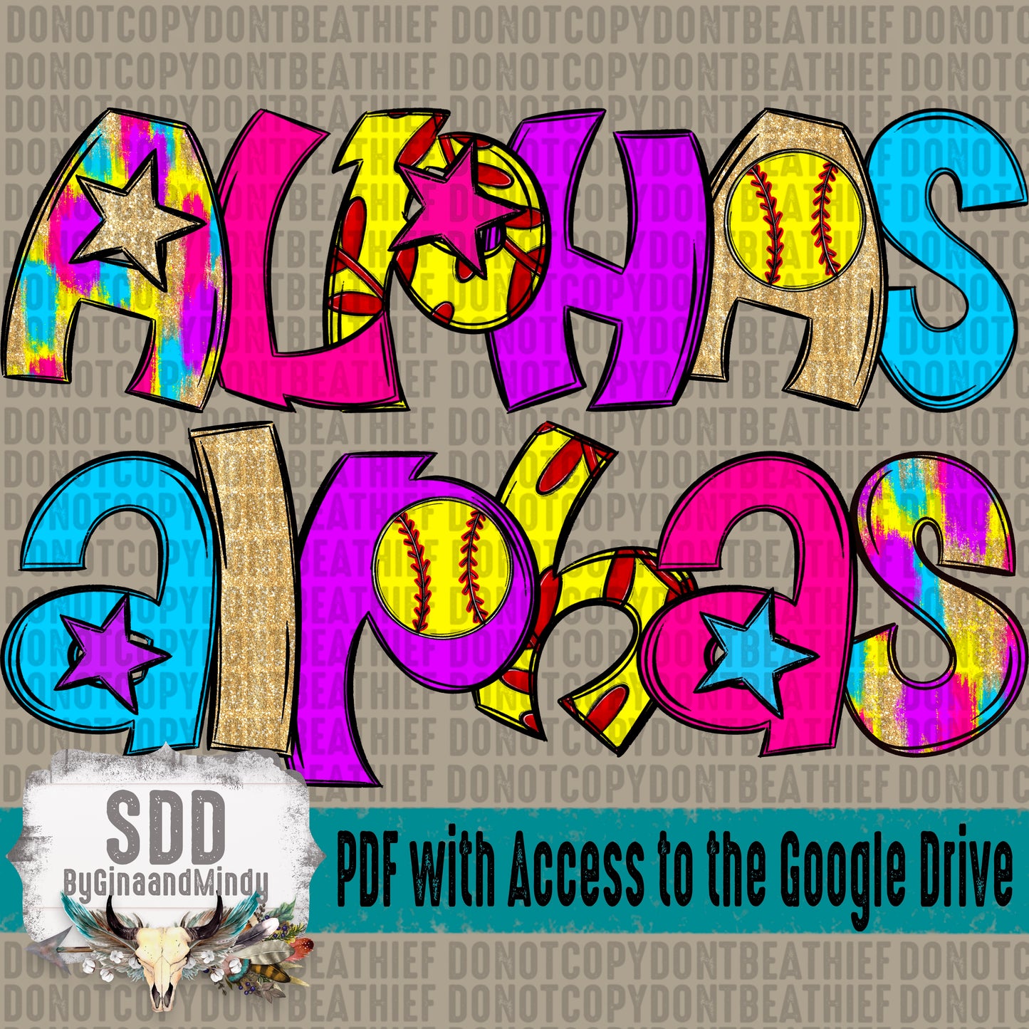 Take Me Out to the Softball Game Gold Doodle Alpha Set (6 Set Uppercase, Lowercase, 0-9, + Special Characters)