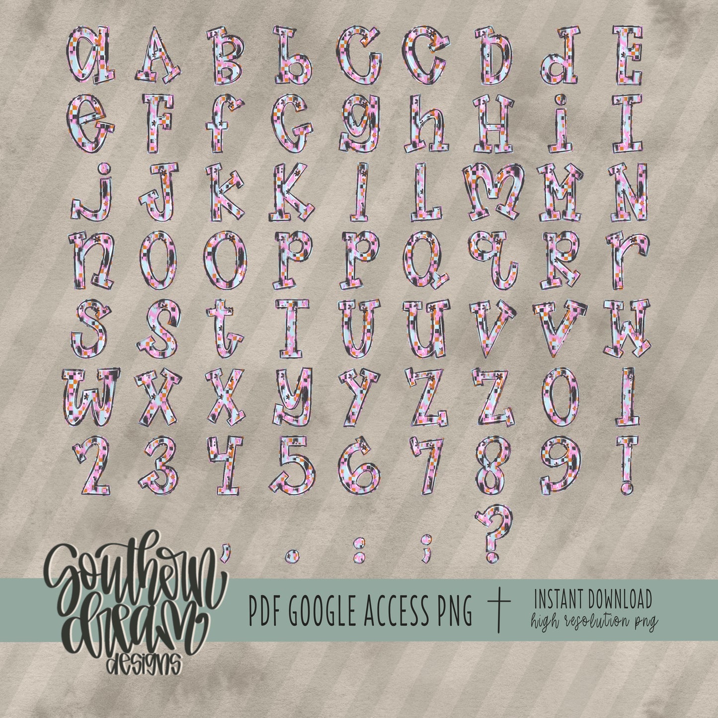 Spooky Daisy and Checks Doodle Alpha (3 Sets Uppercase, Lowercase, 0-9, Special Characters)